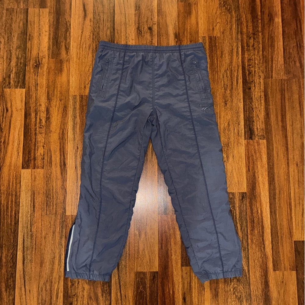 Vintage Reebok Windbreaker Track Pants Navy Blue Nylon Mens Medium Retro Cuffed